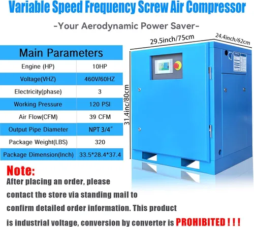 Vista 2 de Velocidad variable 460V del compresor de aire del tornillo de Bilowk 10HP/7.5KW 3 fases Bilowk Industrial Screw Compressor, 39CFM, 120PSI Max