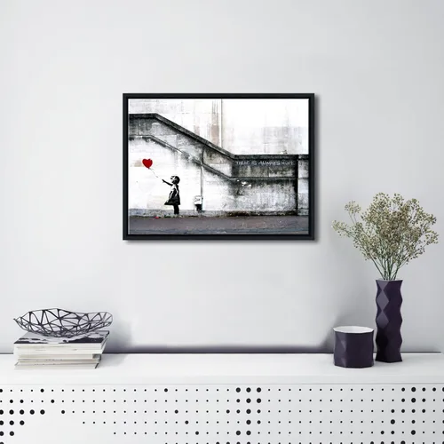 Vista 3 de Wieco Art Lienzo enmarcado para pared, impresiones en lienzo Giclée de Banksy Grafitti Girl con globo rojo, ilustraciones abstractas para decoración