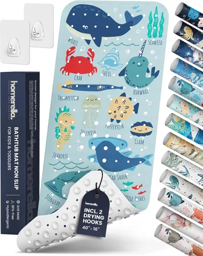 Vista 9 de Homerella - Alfombrilla de baño antideslizante y antideslizante para niños, 40 x 16 pulgadas, sin BPA, incluye 2 ganchos, tapete de ducha lavable