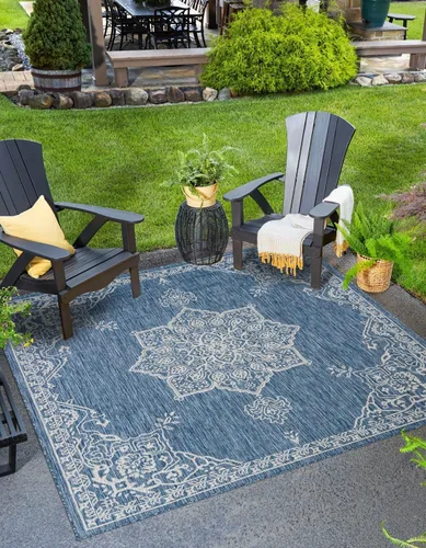 Vista 17 de Unique Loom Alfombra de la colección tradicional para exteriores, antigua (4 pies 1 pulgada, redonda, verde azulado/gris)