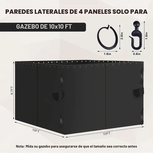 Vista 2 de slashome - Cortinas impermeables para gazebo de 10'x10', para exteriores, negras, universales, de repuesto, 4 paneles, paredes laterales