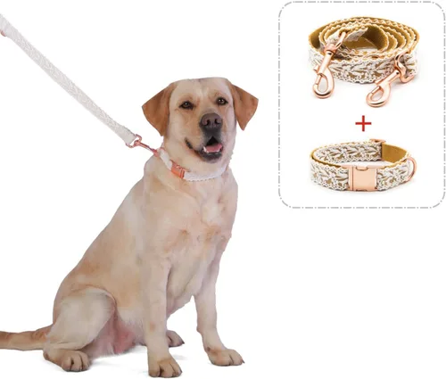 Vista 4 de Juego de collar y correa para perro, encaje de algodón hecho a mano de 4 a 5 pies, ajustable, cómodo, collares y correas únicos para perros Marrón