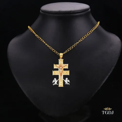 Vista 3 de Colgante de oro rosa blanco amarillo de 14 quilates con cruz religiosa de Caravaca - Más