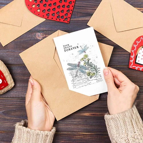 Vista 4 de Estivaux Flores, libélula de fondo, sellos transparentes para hacer tarjetas y diario, flores retro, palabras de goma, hojas florales, paisajes