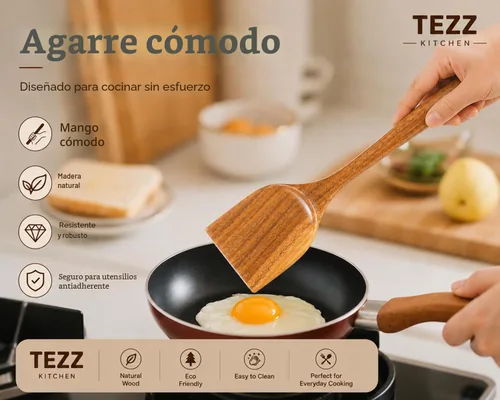 Vista 3 de Espátulas de madera, 2 piezas de utensilios de cocina de madera de acacia natural para sartén antiadherente, herramienta de cocina, espátula