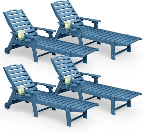 Vista 19 de Tumbona al aire libre, silla de descanso al aire libre con textura de madera, respaldo ajustable de 5 posiciones, silla de salón de polietileno