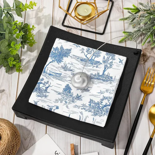 Vista 3 de AnyDesign 80 servilletas de papel azul y blanco clásicas con estampado de pueblo francés, servilletas desechables rústicas decorativas para cena