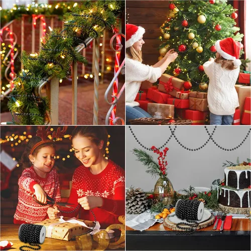 Vista 5 de WILLBOND Cuentas de árbol de Navidad de 50 pies, guirnalda de perlas artificiales, rollo de cuentas de plástico para árbol de Navidad, boda, Negro