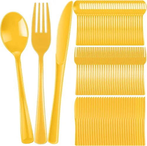 Vista 8 de Juego de cubiertos de plástico de 300 piezas, juego de cubiertos de plástico resistente, incluye 100 cucharas desechables, 100 tenedores, cuchillos