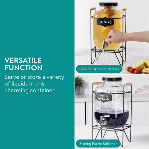 Vista 2 de Navaris Dispensador de bebidas en tarro de vidrio con grifo, incluye soporte de metal, tubo de hielo e infusor de frutas, para cóctel, limonada
