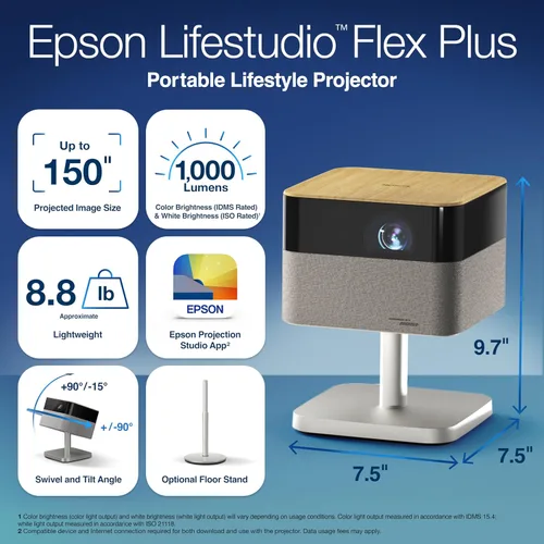 Vista 8 de Epson Lifestudio Flex Plus 4K PRO-UHD - Proyector portátil de estilo de vida, 1000 lúmenes de color y brillo blanco, sonido de Bose, Google TV, Gris