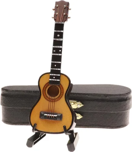 Vista 9 de Ukelele miniatura de madera con soporte y estuche, mini instrumento musical, réplica de ukelele, figuras coleccionables, modelo de decoración
