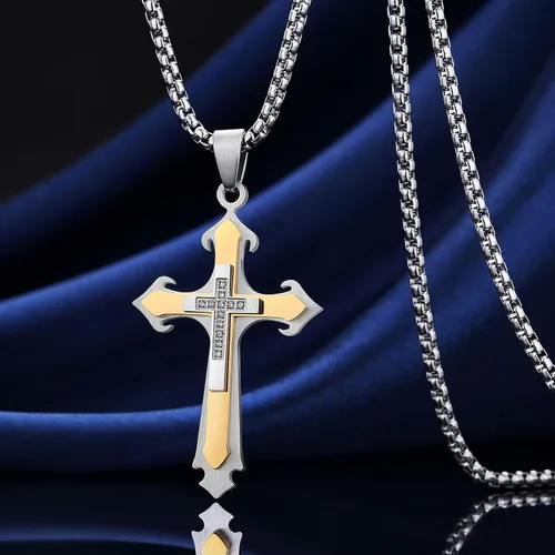 Vista 2 de Dowos Collar de cruz para hombre, collar con colgante de cruz para hombre, acero inoxidable 316L, colgante grande de cruz de Jesucristo, joyería