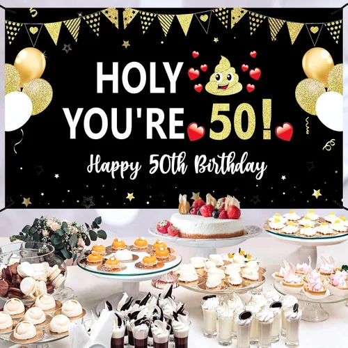 Vista 3 de Divertida pancarta de cumpleaños 50 para hombres y mujeres, pancarta de feliz cumpleaños de 50 años color negro y dorado para fiestas, fondo