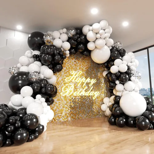 Vista 7 de Kit de arco de globos negros y dorados, ADOINBY 140 piezas de globos de látex confeti negros, blancos y dorados metálicos de 18, 12, 10 y 5