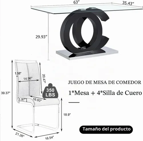 Vista 2 de Juego de mesa de comedor de 63 pulgadas para 4, moderno juego de mesa de comedor de vidrio templado para 4, para el hogar, cocina, sala de estar