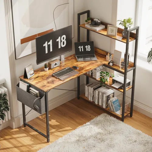 Vista 13 de Treesland 40 Inch Computer Desk with Bookshelf, Corner Desk with Storage, L Shaped Desk, Home Office Desks, Writing Study Desk for Bedroom, Black