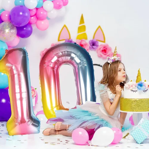 Vista 6 de RUBFAC Globos con números de 40 pulgadas, globo grande de arcoíris con degradado número 1, globos de helio de aluminio de Mylar de 0 a 9 dígitos