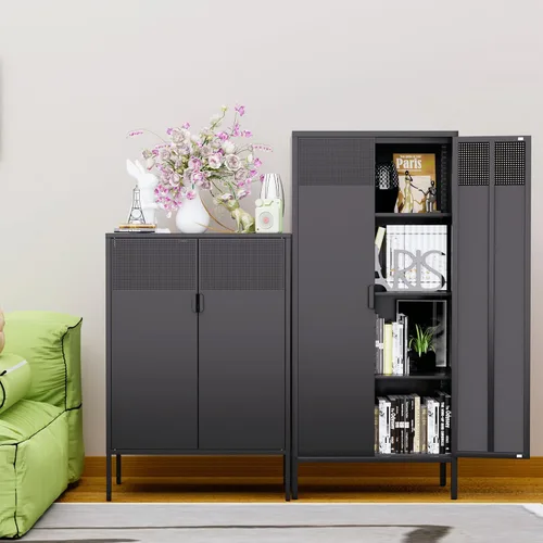 Vista 71 de Gabinete de almacenamiento de metal ancho negro, gabinete de acento de 2 puertas para el hogar y la oficina, gabinete de metal bajo de 2 niveles