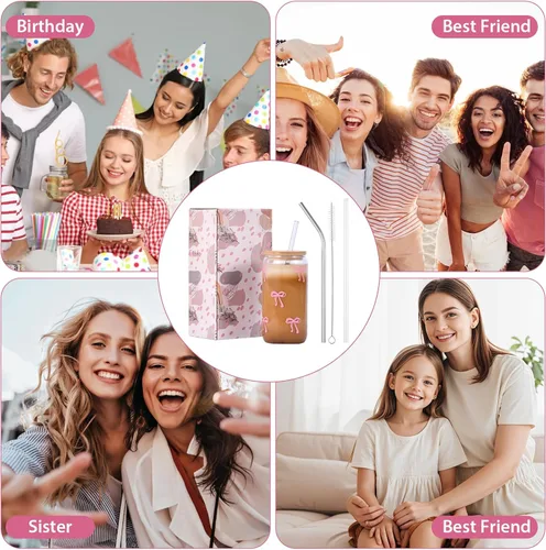 Vista 5 de Tazas de vidrio lindas con moño rosa y tapas y popotes, taza estética de café helado, taza de diseño preppy femenino, regalos de cumpleaños y San