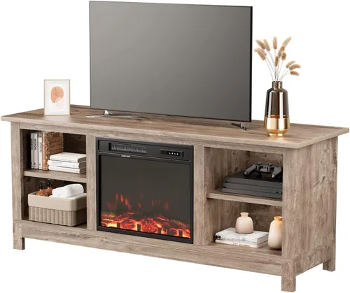 Vista 2 de Furniwell Soporte de TV con chimenea para televisores de hasta 65 pulgadas, mesa consola central de entretenimiento multimedia con chimenea