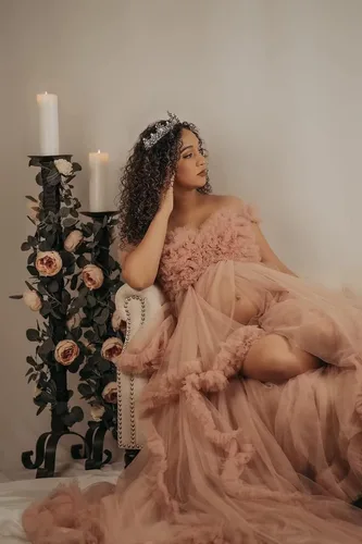 Vista 6 de Vestidos de maternidad de tul para sesión de fotos, bata de novia larga transparente con hombros descubiertos, vestidos de embarazo para mujeres
