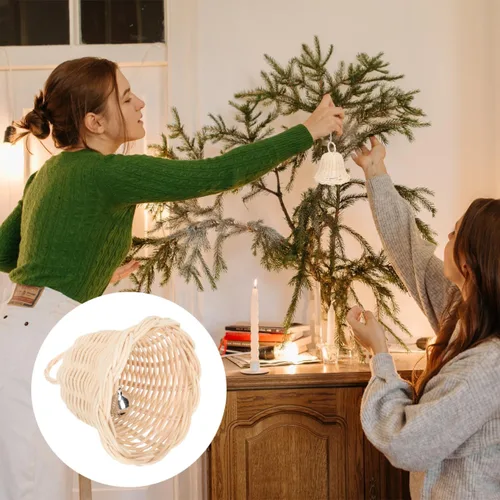 Vista 5 de 5 unids tejido ratán campana forma ornamento hecho a mano paja campana colgante colgante para decoración de fiesta de Navidad foto Prop