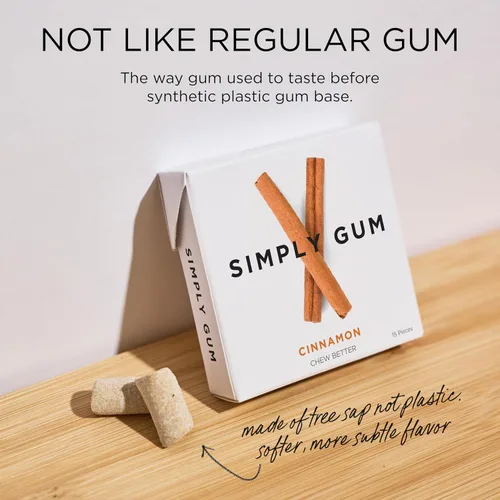 Vista 5 de SIMPLY Gum Canela, goma de mascar natural sin plástico, paquete de 6 (90 piezas) Vegano, Kosher, sin OGM, sin aspartamo y sin sorbitol
