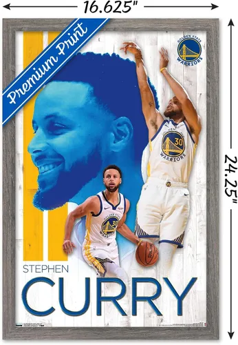 Vista 3 de Trends International NBA Golden State Warriors - Póster de pared de Stephen Curry 19, 14.725 x 22.375 pulgadas, versión enmarcada de madera