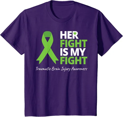 Vista 19 de Camiseta con cinta verde de la conciencia de la TBI, con texto en inglés "Her Fight Is My Fight" Jaspeado Oscuro