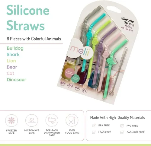 Vista 2 de melii Pajitas de silicona reutilizables para niños pequeños y niños, sin BPA, sin plomo, sin PVC, paquete de 6 divertidos personajes de animales