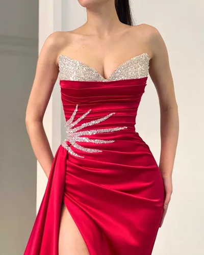 Vista 3 de Vestidos de fiesta sin tirantes con lentejuelas, con abertura de sirena, vestidos de noche formales con cuello en V, vestidos de fiesta para mujer