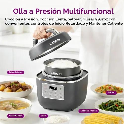Vista 2 de Carori Olla a presión eléctrica 8 en 1, olla multifunción compacta de 3 cuartos de galón todo en 1 con olla de cerámica, salteado, cocción lenta Gris