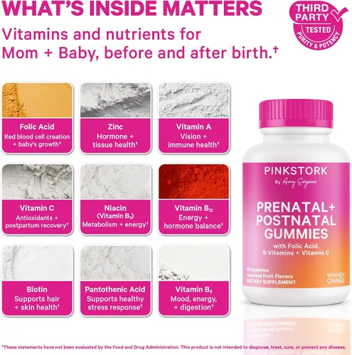 Vista 2 de Pink Stork Fertilidad + vitaminas prenatales + gomosas posnatales – Apoyo completo para el viaje de la maternidad – Multivitamínico con folato