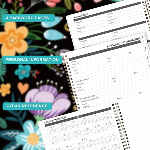 Vista 5 de Agenda mensual floral de 3 años, julio de 2024 a junio de 2027, con 36 pestañas mensuales coloridas y bolsillo