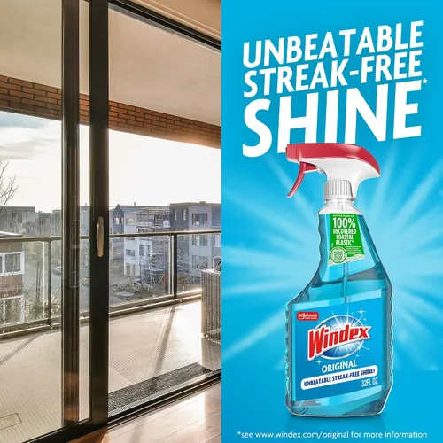 Vista 6 de Windex Spray limpiador de vidrio y ventanas, botella hecha de plástico 100% reciclado, espray de limpieza de superficies, aroma azul original, 23