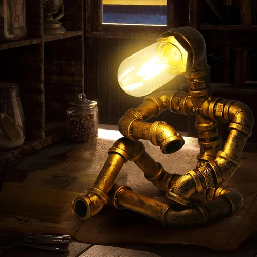 Vista 8 de Lámpara de mesa de guitarra musical, lámpara de mesa robot de guitarra steampunk, lámpara steampunk de guitarras retro, lámpara de robot de tubo