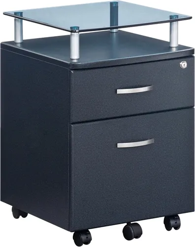 Vista 5 de Archivador rodante de 2 cajones con cerradura y parte superior de cristal, archivador debajo del escritorio con ruedas, soporte para impresora