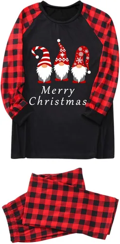 Vista 2 de SPANBILT Pijamas de Navidad para la familia, conjuntos de pijamas con letras y cuadros impresos, linda camiseta de manga larga y parte inferior