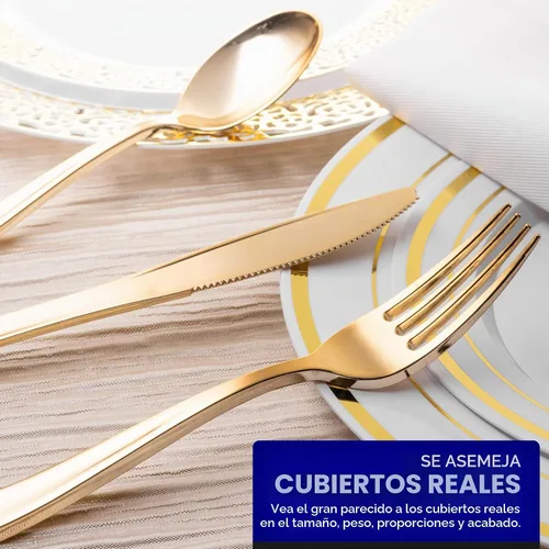 Vista 4 de Juego de cubiertos de plástico resistente (dorado) de 75 piezas, juego de cubiertos desechables, ideal para fiestas, bodas y catering, cubiertos