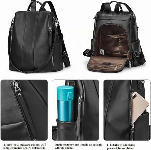 Vista 3 de S-ZONE - Mochila de piel suave para mujer, antirrobo, mediana, bolsa de hombro 2-negro