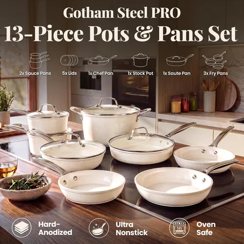 Vista 9 de GOTHAM STEEL PRO 13pc Anodized Pots and Pans Set Non Stick Ceramic Cookware Cream