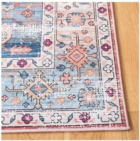 Vista 4 de SAFAVIEH Alfombra lavable Tucson Collection - 2 pies 6 pulgadas x 4 pies, beige y azul, antideslizante, ideal para zonas de alto tráfico en entrada