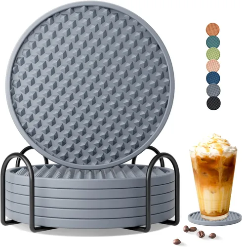 Vista 10 de Coga Juego de 6 posavasos con soporte, posavasos de silicona para cualquier tipo de mesa, mesas de madera, piedra, aptos para lavavajillas Paquete