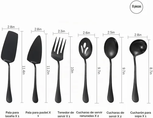 Vista 2 de Utensilios negros para servir, juego de 8 utensilios de acero inoxidable para servir, incluye cucharas de servir, tenedor de servir, cucharón