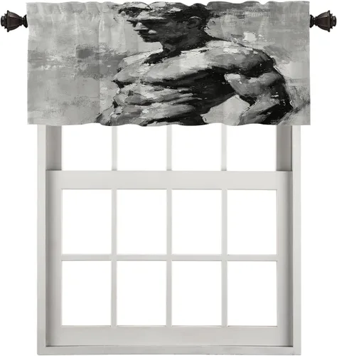 Vista 58 de Cortinas de cocina de hojas de arce otoñales para ventanas, hojas verdes y rojas sobre cenefas opacas negras, tratamientos de ventana de poliéster
