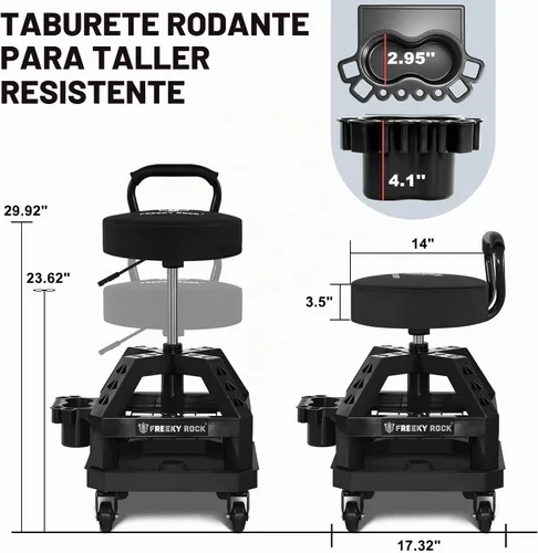 Vista 2 de Taburete rodante de taller con ruedas, taburete mecánico de trabajo de garaje resistente con respaldo, altura ajustable, silla giratoria de 360°