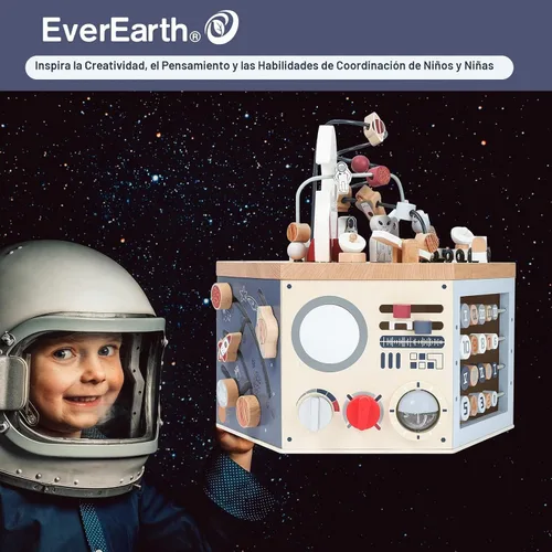 Vista 5 de EverEarth Cubo de actividades de madera con laberinto de cuentas, cubo de actividades espaciales para niños de 1 a 3 años, multijuego, aprendizaje