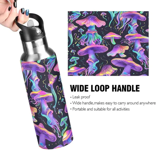 Vista 4 de Insulated Stainless Steel Water Bottle with Straw 32 Oz, Leakproof Water Bottles for Gym Outdoor Travel School, Psychedelic Mushrooms Purple