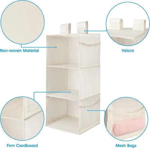 Vista 4 de MAX Houser Organizador de armario colgante de 3 estantes con 2 velcros, beige Organizador de suéter colgante, estantes colgantes plegables